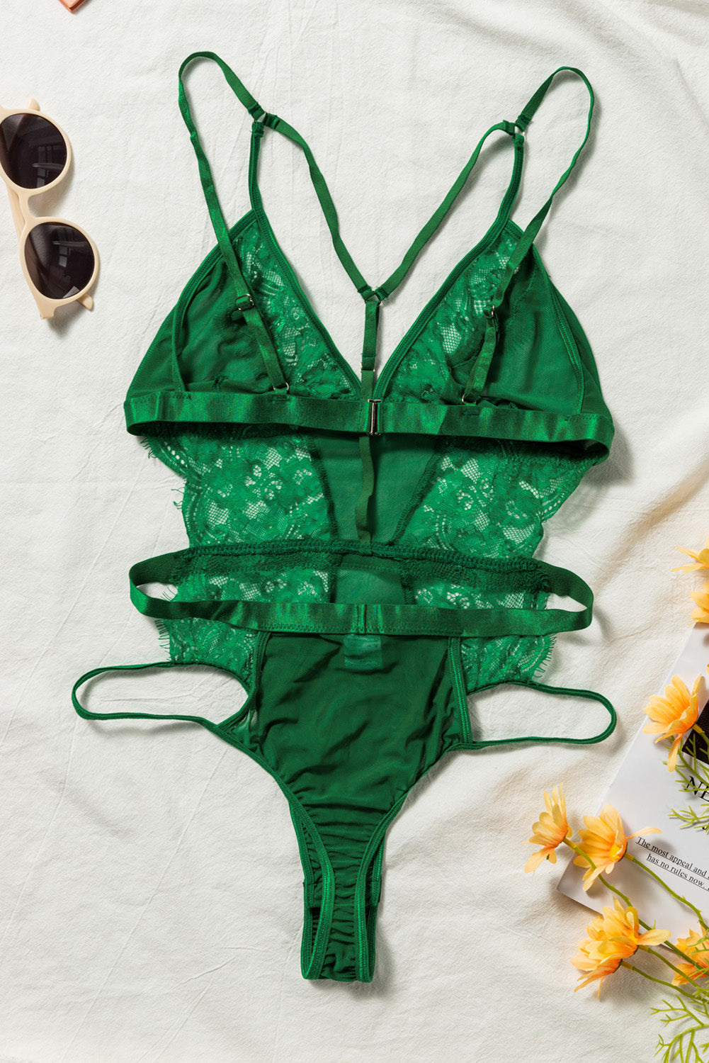 Ladies  Satin , Mesh Teddy with Front Detail at Bust in Blk, Burgundy & Hunter Green
